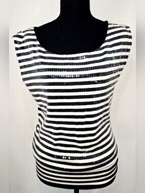 Y2K Arden B Cream Black Sequin Striped Knit Top Glam Nautical Chic Parisian